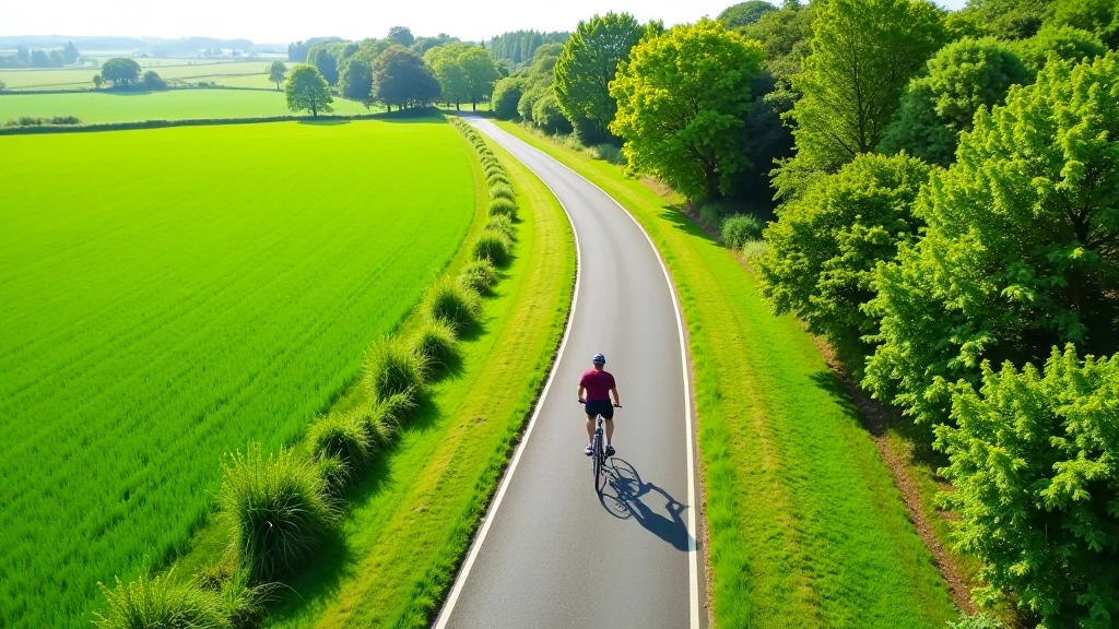 Aerial view of the Midleton to Youghal greenway stretching through Cork countryside with fields on both sides
