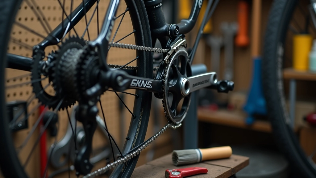 Bicycle chain being cleaned with brush and degreaser in workshop setting