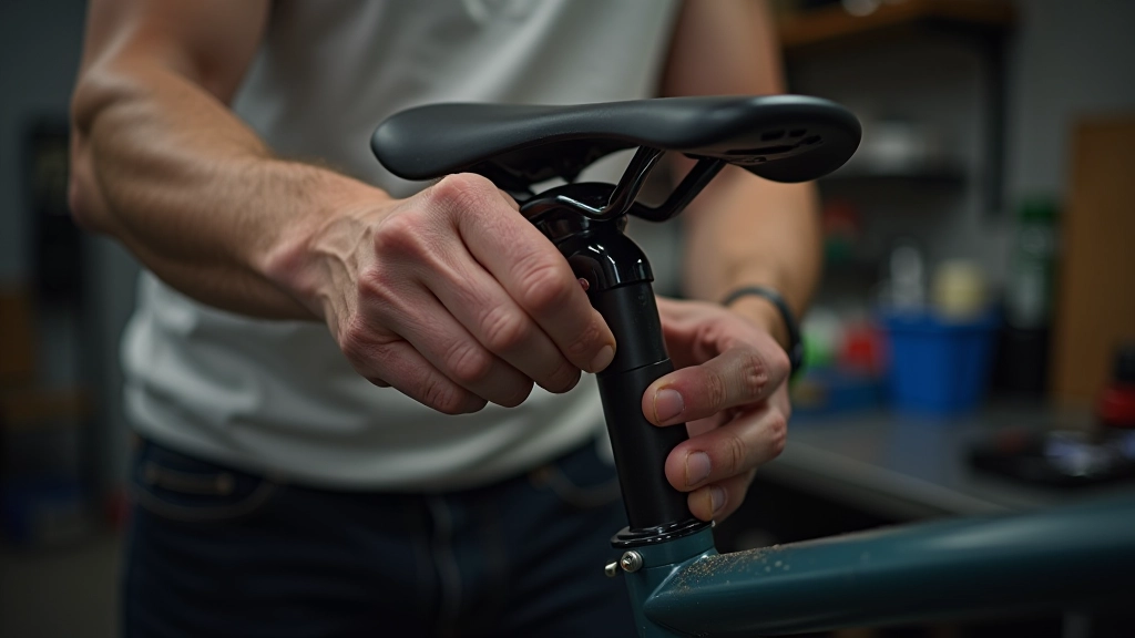 Close-up of bike saddle and seat post adjustment on a hybrid bicycle