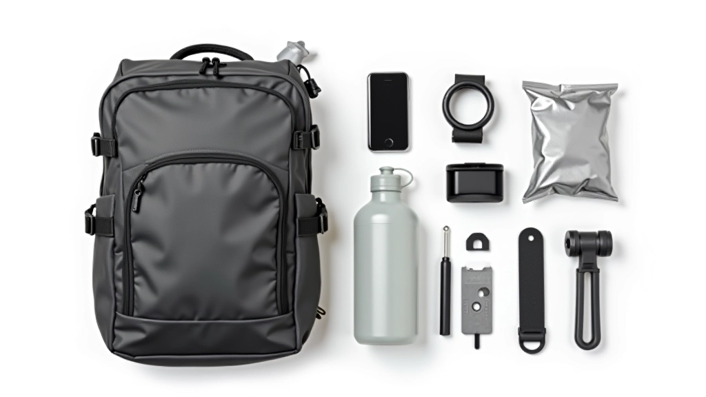 Small cycling backpack packed with water bottle, snacks, phone, and basic tools laid out neatly