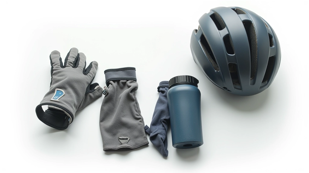Cycling helmet on a table next to padded cycling gloves and a water bottle
