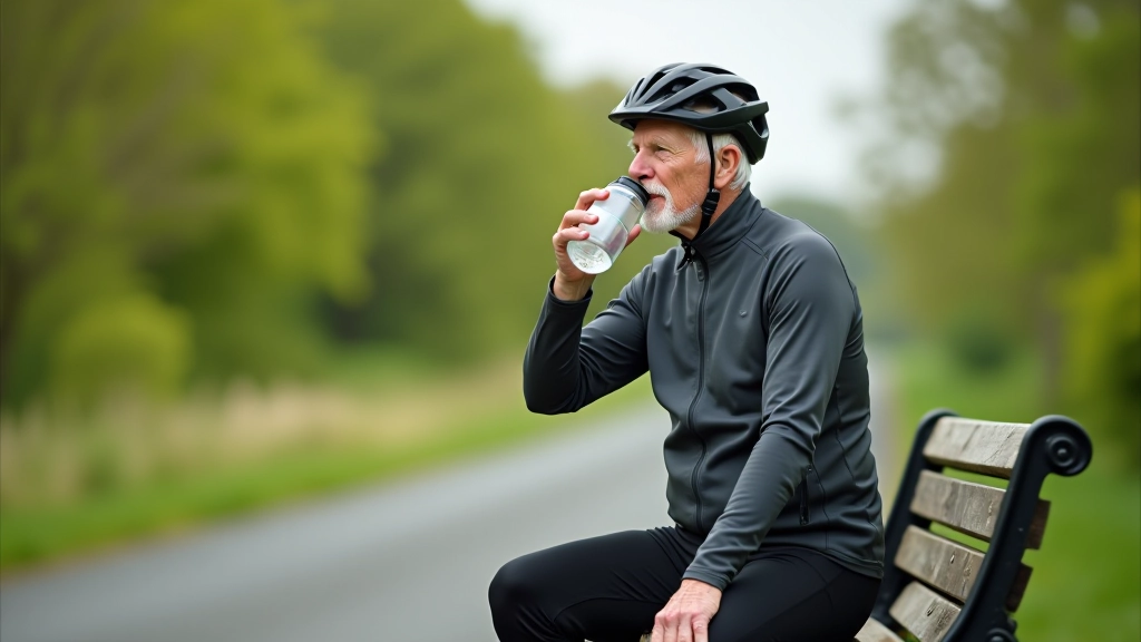 Older cyclist sitting on a bench along a cycling path, drinking from a water bottle, smiling