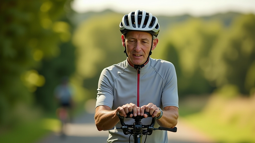 Cyclist adjusting padded cycling shorts and checking bike seat height adjustment before starting a ride