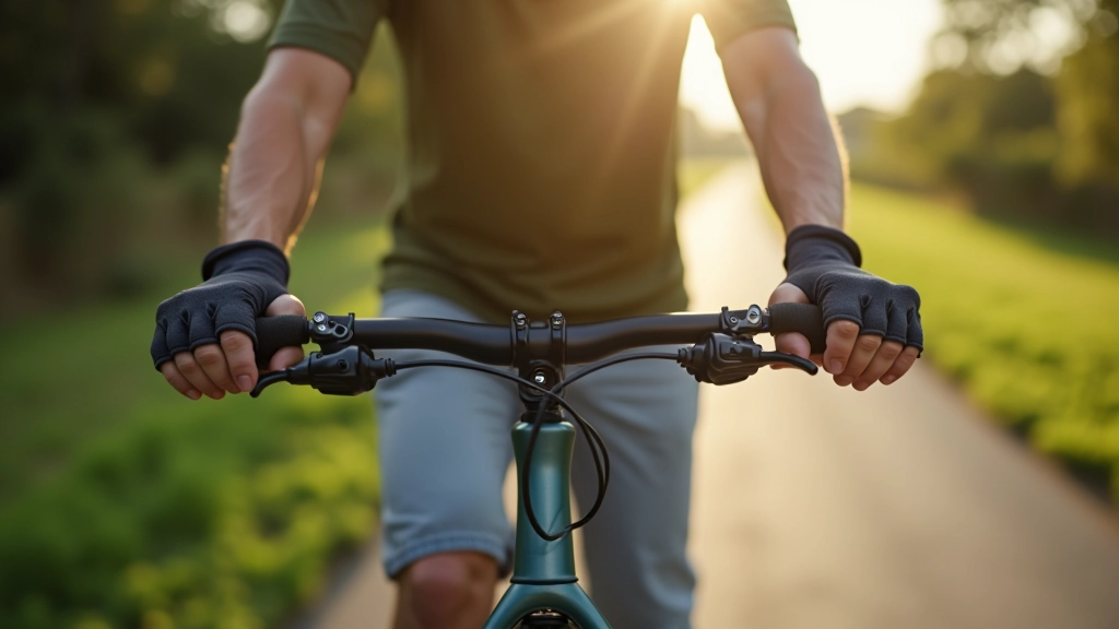 Close-up of hands gripping bicycle handlebars with a greenway path visible in background
