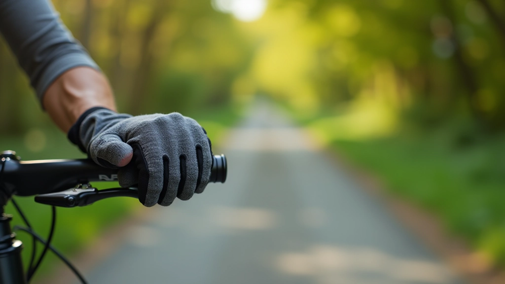Close-up of hands gripping bicycle handlebars with a greenway path visible in background