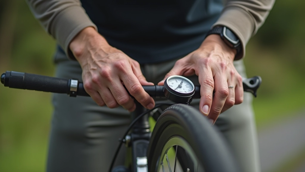 Hands checking bicycle tire pressure with pressure gauge against wheel
