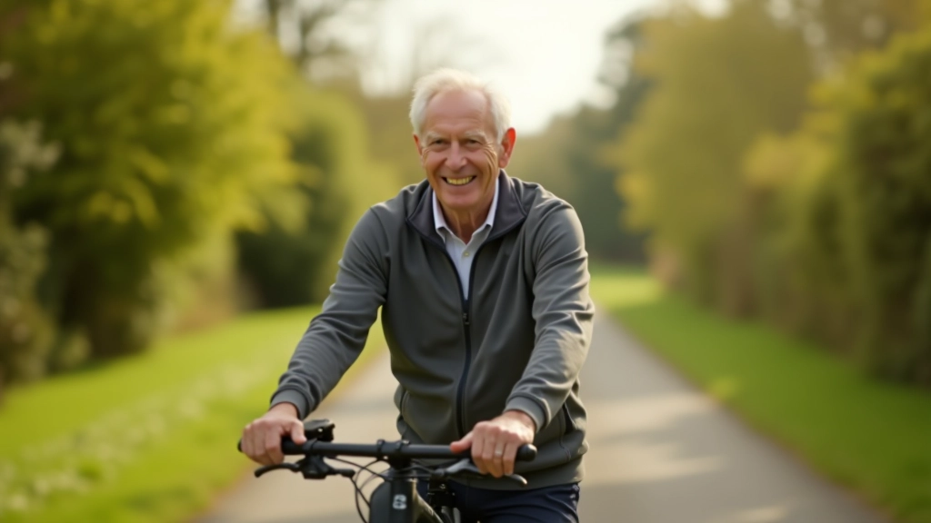 Older man cycling on a paved path, riding with good posture and confidence