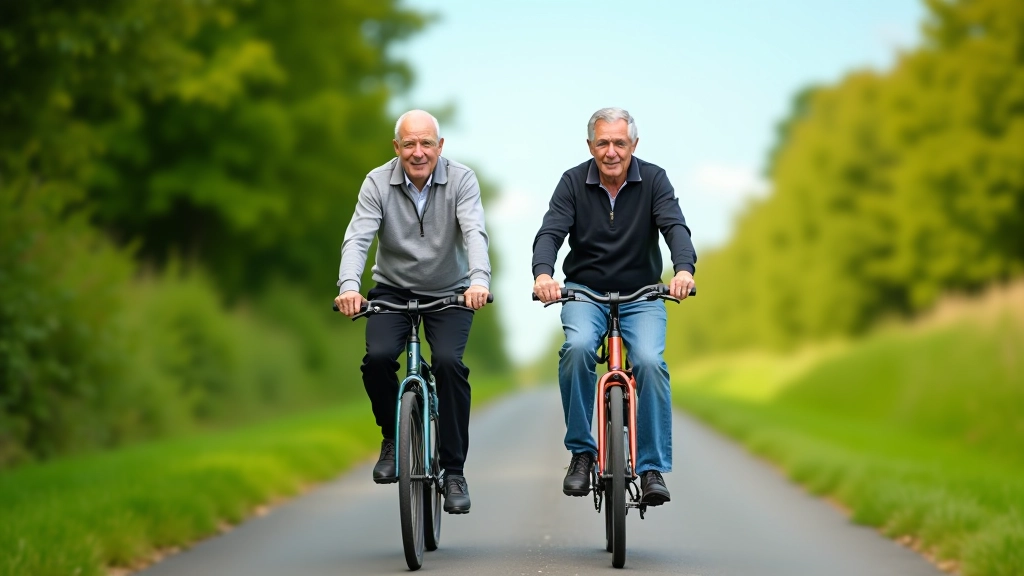 Older couple riding bikes on a flat paved greenway with trees on both sides under blue sky