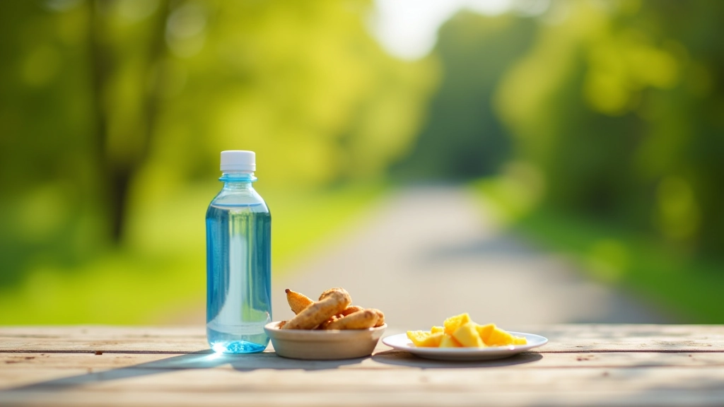 Water bottle and energy snacks arranged on a cycling jersey pocket near a scenic rest stop